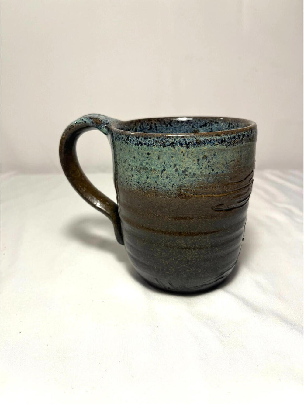 Handmade Studio Pottery Mug Brown Clay Blue Glaze Ribbed Ceramic Cup